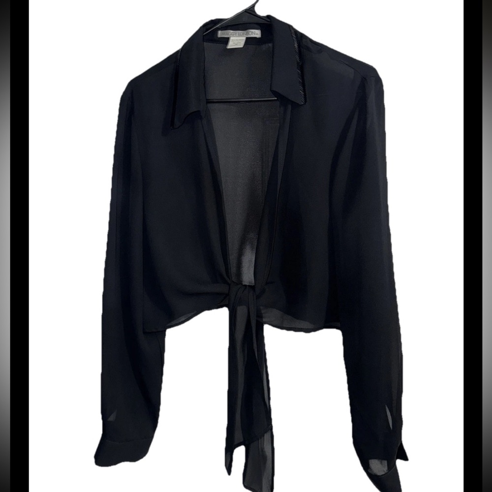Maggy London Women's Tie Front Sheer Black Blouse w/Sequin Collar